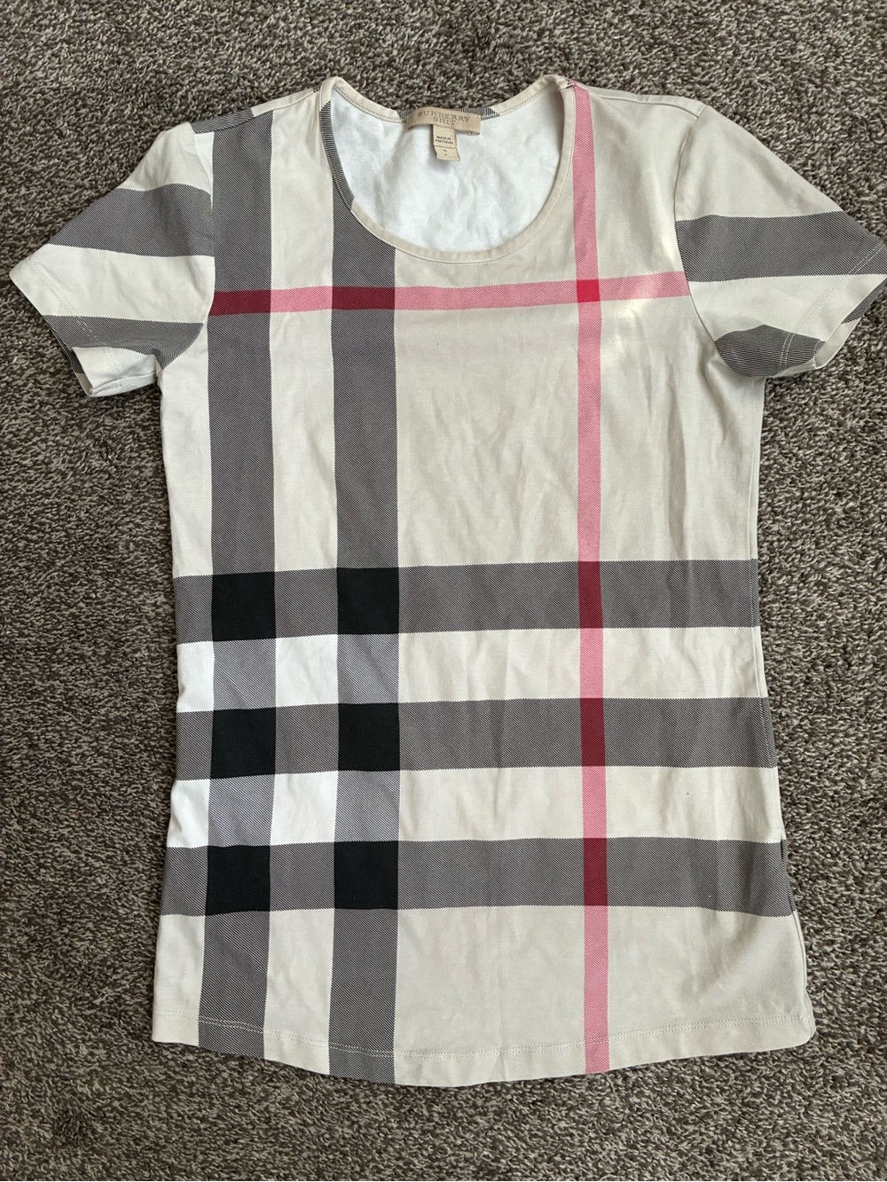 Burberry Cream Plaid Cotton Tee with Pink Stripe